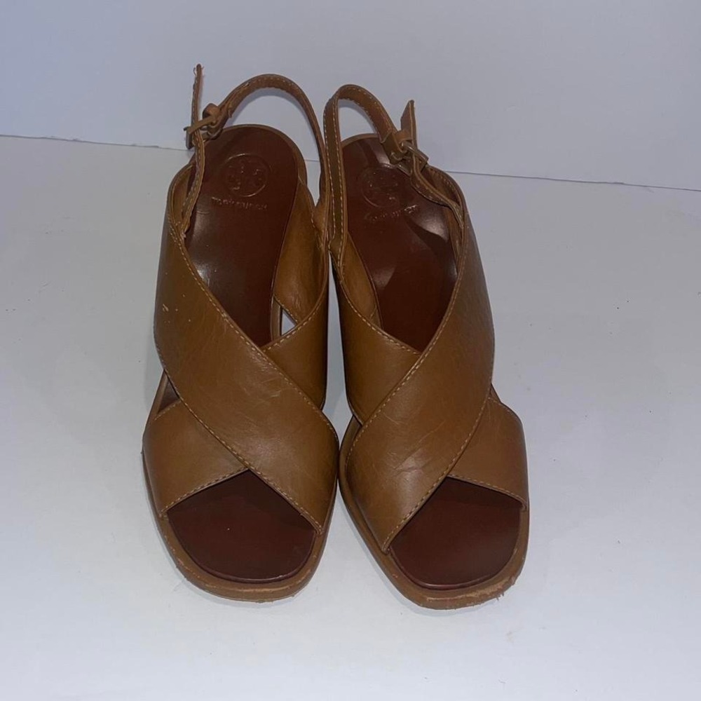 Tory Burch Brown Leather Crisscross Slingback Sandals